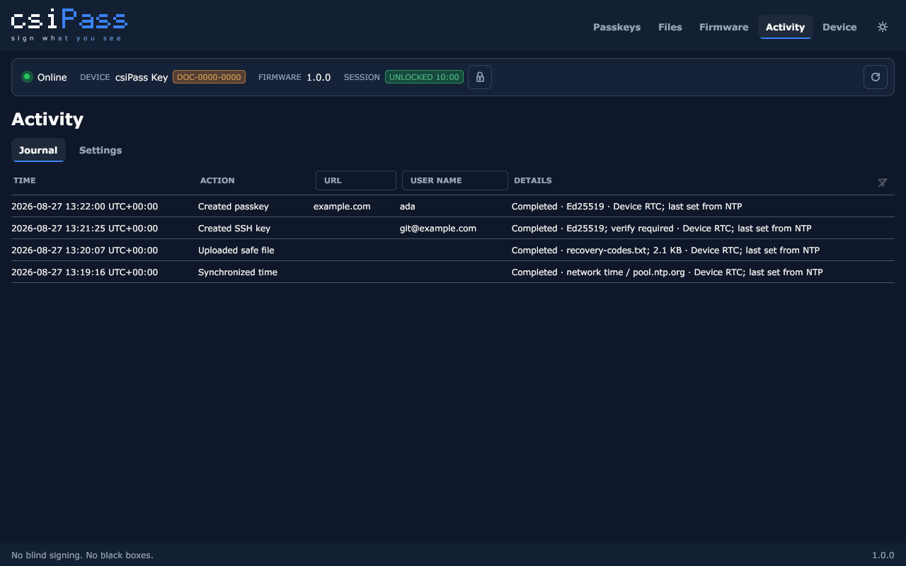 Activity journal with URL and user-name filters