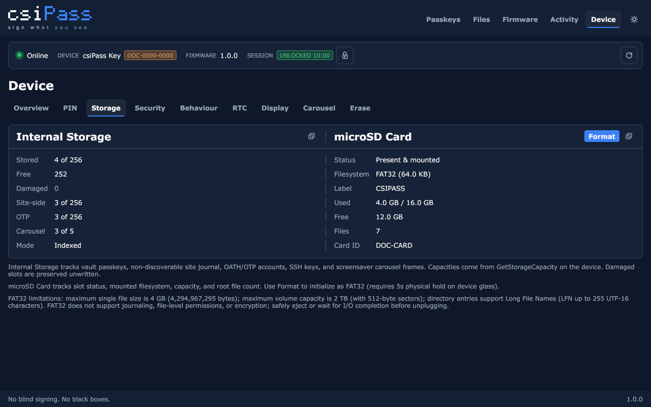 Storage capacity and microSD status in csiPass Companion