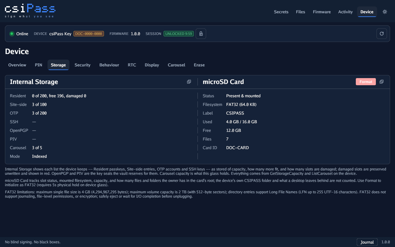 Storage capacity and microSD status in csiPass Companion