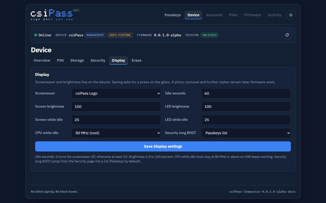 csiPass Companion Display settings panel