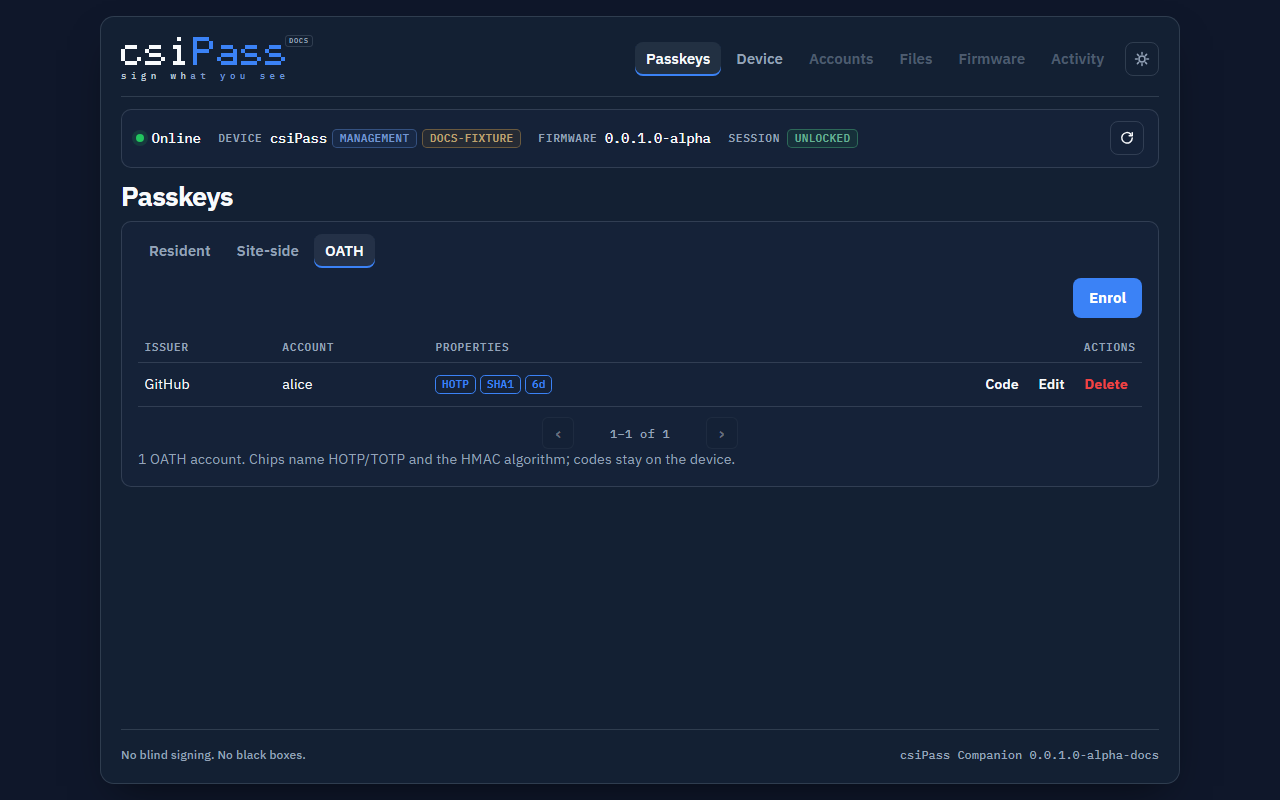 csiPass Companion showing an OATH account whose code stays on the device