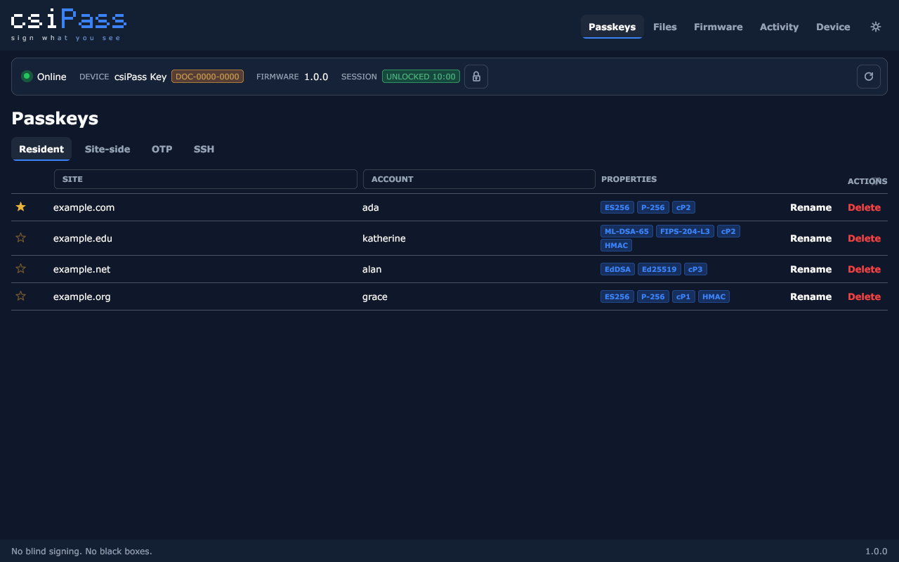 csiPass Companion showing resident passkeys and their cryptographic properties